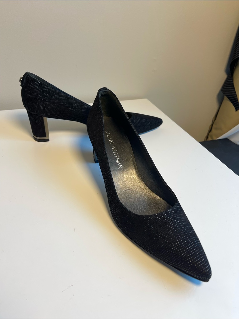 Stuart Weitzman Black Sparkle Pointed Toe Mid Heel Pumps